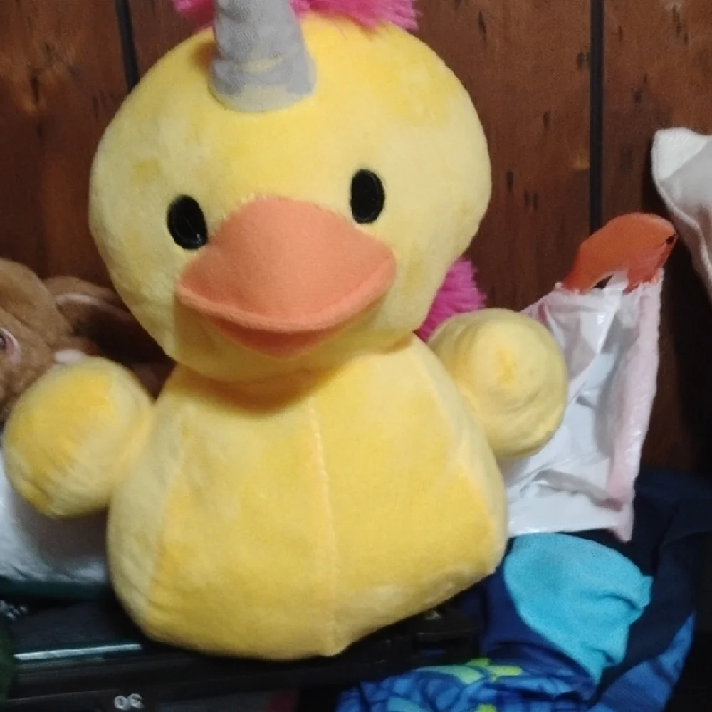 Yellow Plush Unicorn Duck Toy with Pink Mane and Silver Horn